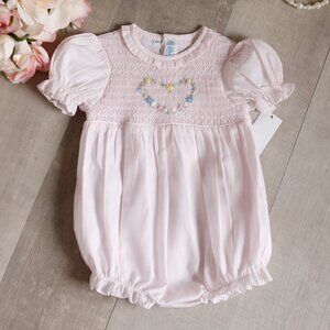 Pink Smocked Heart Romper Bubble Heirloom Feltman Brothers PRECIOUS NWT